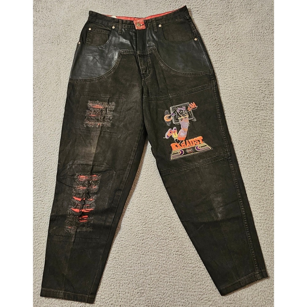 Rare Vintage EXHAUST Hip Hop Denim Jeans‎ 90s Streetwear Leather Red Size 30
